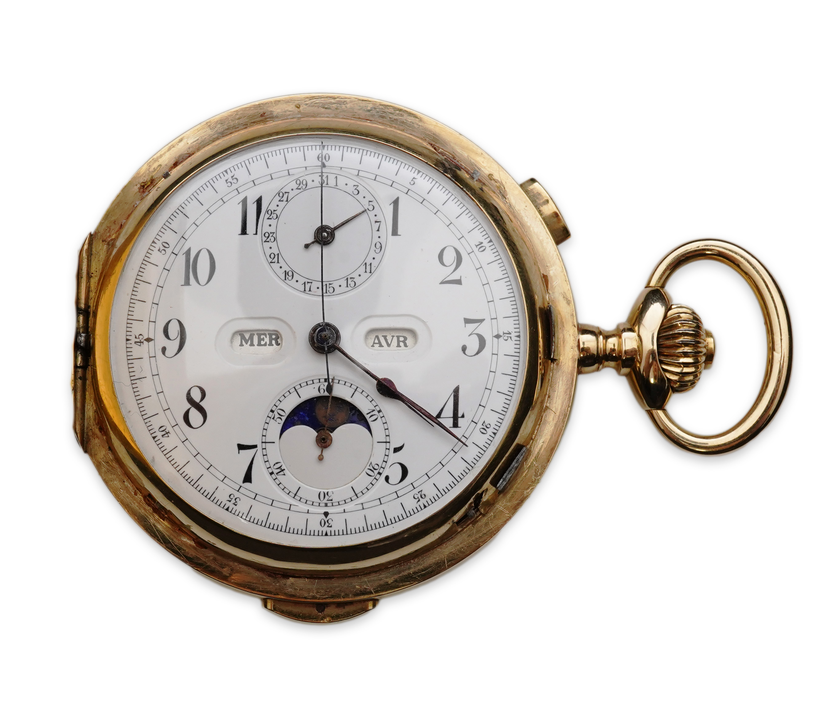 An 18k gold keyless wind triple calendar minute repeating chronograph full hunter pocket watch with moon phase